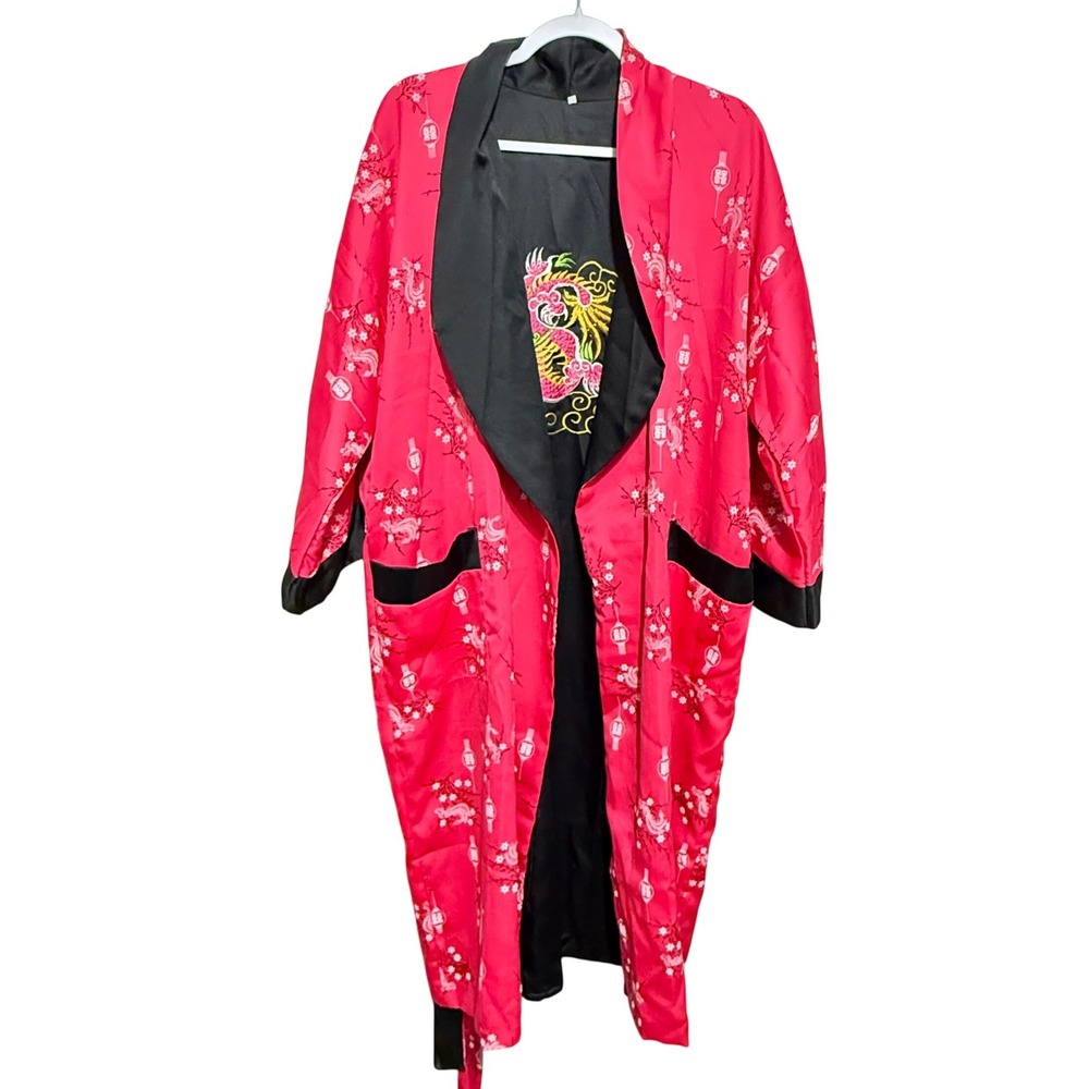 Reversible Kimono Robe XL Hot Pink Black Dragon Embroidery Floral Silk Style